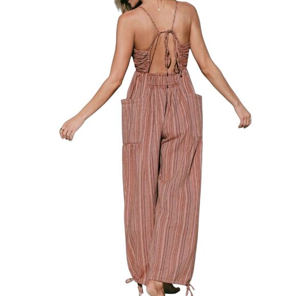 NWT CUPSHE Women’s Boho Brown Striped Wideleg Halter Jumpsuit large - Picture 2 of 9